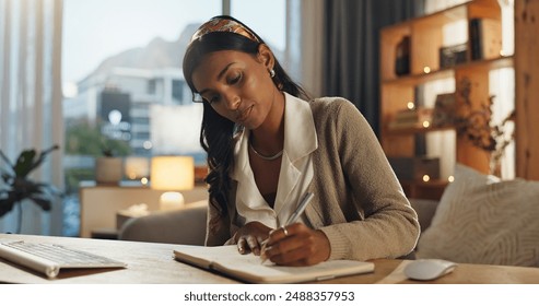 Small business, notebook or woman in home for writing with idea, planning or brainstorming. Female entrepreneur, journal or pen for agenda, schedule and startup information or appointment reminder - Powered by Shutterstock