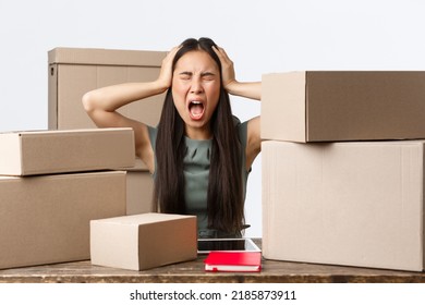 Small Business Owners, Startup And E-commerce Concept. Distressed And Overwhelmed Asian Businesswoman Screaming In Panic, Having Delay In Shipping, Working From Home, Manage Online Store