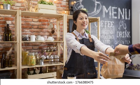 Small Business People And Service Concept. Woman Bartender Serving Man Customer At Coffee Shop. Young Girl Waitress In Apron Giving Paper Bag With To Go Food Inside While Male Hand Holding In Counter