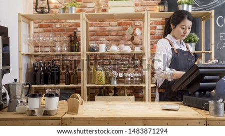 small business people and service concept. happy woman waitress in apron at counter with cashbox working at coffee shop. young girl barista in modern cafe bar touching on touch pad checking order.