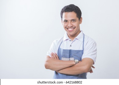 Small Business Shop Owner. Apron Man Smiling Proud And Happy Isolated On White Background. Young Entrepreneur Asian Male