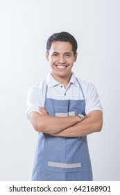 Small Business Shop Owner. Apron Man Smiling Proud And Happy Isolated On White Background. Young Entrepreneur Asian Male