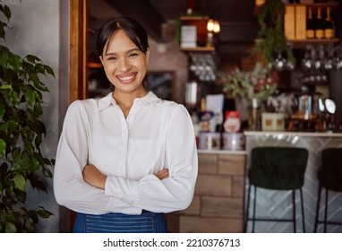 Small business success, cafe restaurant and happy woman leader portrait in Costa Rica hospitality industry. Confident coffee shop manager, waiter food service with apron and store entrance welcome - Shutterstock ID 2210376713