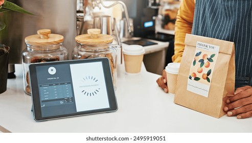 Small business, tablet and payment with person in cafe, customer bill and online processing with digital app. Cafeteria, paper bag and screen interface with server staff, fintech and coffee shop sale - Powered by Shutterstock