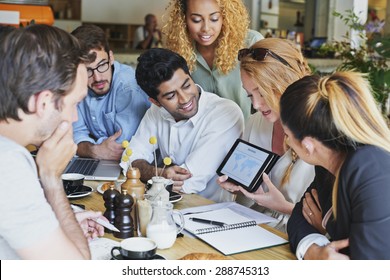 Small Business Team Meeting Global Sharing Economy Tablet Touchscreen Cafe