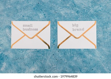 Small Business Vs Big Brand Texts Over Newsletter Email Envelopes, Concept Of Customer Behaviour And Supporting Small Local Businesses