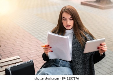 Small Busy Business Owner Elegant Pretty Woman Office Manager Freelancer Sitting Outside Street Cafe Coffee Shop Wooden Table, Signing Documents, Working With Papers. Female Entrepreneur, Copy Space