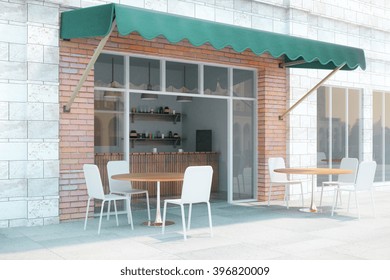 Small Cafe With Brick Walls And Green Canopy Exterior Design. 3D Render