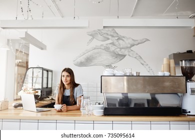 Small Cafe Owner Running A Successful Horeca Business On Her Own. Wide Shot Of Bright Open Space Cafe.