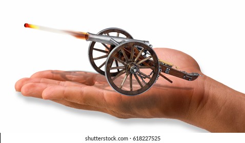 Small Cannon Firing In Palm Of Hand.