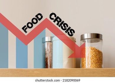 Small Cans Of Cereal On A Shelf On A White Background With Red Arrow Down And Text Food Crisis. Food Crisis Concept