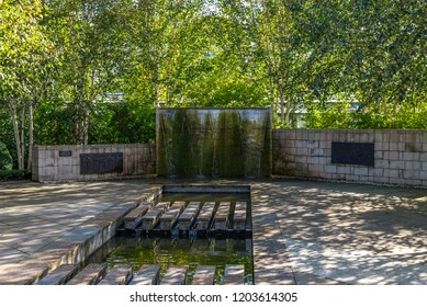 A Small Cascade Fountain Outside In David Welch Winter Gardens In Duthie Park, Aberdeen, Scotland