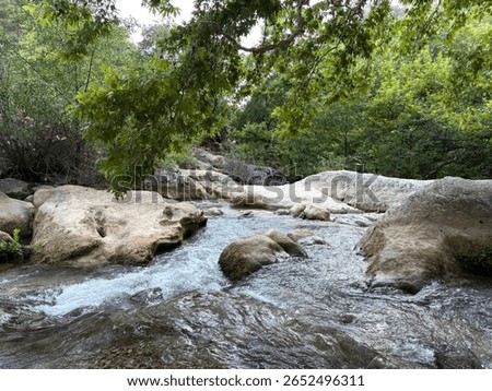 Small cascade waterfall flowing over rocks in a natural setting. Clear water, gentle flow, and peaceful landscape in the wild