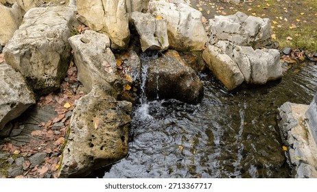 Small cascading stream flowing between natural rocks in an outdoor park