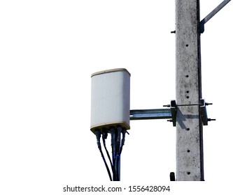 Small Cell 3G, 4G, 5G System on electricity post. Wireless Communication Antenna Transmitter isolated on white background.