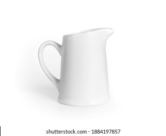 Small Ceramic Jug Or Pitcher With Handle. Blank, Off-white And With Narrow Mouth To Pour Liquids Such As Milk, Creme, Tea Or Gravy. No Labeling, Ideal Template For Mockups. Isolated On White.