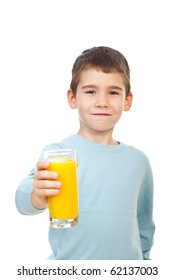 Small Child Boy Offering A Glass With Fresh Orange Juice And Smiling Isolated On White Background