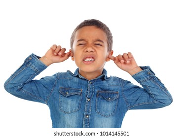 Small Child Covering His Ears Isoalted On A White Background
