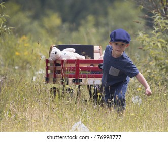 Small Child Pulling His Red Wagon With A Stuffed Bear And Suitcase In The Wagon On Summer Day In The Country.