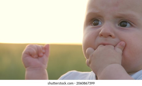 Small Child Sucks His Fingers On His Hand, Gums Of Small Kid Are Itchy, Baby Teeth Are Teething, Gums Hurt, Child First Year Of Life, Problem Healthy Mouth, Licking And Drooling Fist, Close-up Face