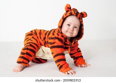 A small child in a tiger cub costume  on a white background