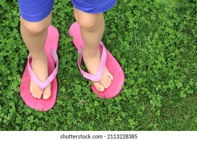 Small child's barefeet in flip-flops of an adult standing on the lawn