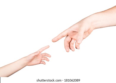 small child's hand reaches for the big hand man isolated on white background