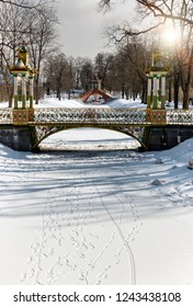 Small Chinese bridge winter day in a snowy Alexander park in Pushkin (Tsarskoye Selo), near Saint Petersburg , Russia