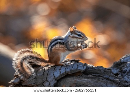 A small chipmunk with distinctive stripes sits on a weathered log, holding a nut in its paws and eating it amidst a blurred autumn background.