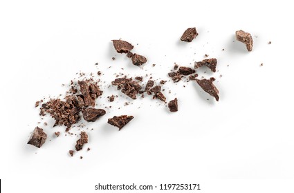 Small Chocolate Crumbs Isolated On White Background, Top View