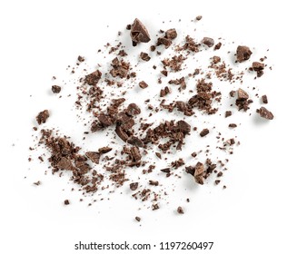 Small Chocolate Crumbs Isolated On White Background, Top View