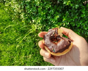 Small chocolate donuts compared to the size of a hand.
