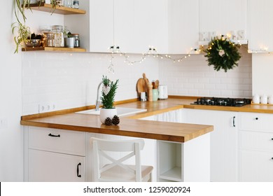 Small Christmas tree in white flower pot white modern kitchen scandinavian style decorated for Christmas background. Cypress, Chamaecyparis lawsoniana Ellwoodii - Powered by Shutterstock