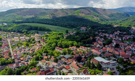 Small City Backround Sky Mountains Green Drone View Above Hills Rooftop