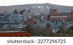 small city downtown landscape Sherbrooke cityscape in Quebec, Canada Eastern Townships Mont-Bellevue mountain ski slopes in winter and cathedral french culture 
