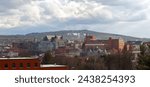 Small city Sherbrooke Estrie Quebec Eastern Townships Canada downtown mountain with clouds skyline