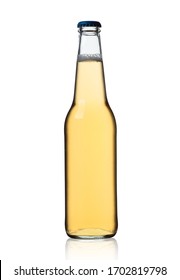 small clear bottle with beer on a white background