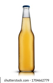 small clear bottle with beer on a white background