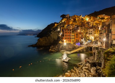 the small coastal town of Riomaggiore, in the Cinque Terre, at the blue hour