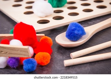 Small Colorful Pompoms. Development Of Kids Motor Skills, Coordination, Creativity And Logical Thinking