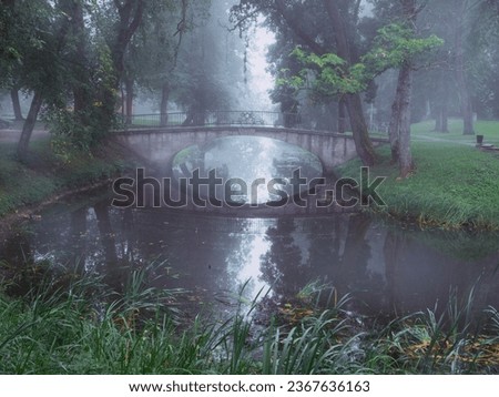 Small concrete old bridge over a small river in a town forest park in a fog. Mistry surreal calm mood. Relaxing atmosphere and melancholic nature vibe. Imagine de stoc © 