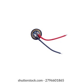 Small Condenser Microphone Capsule Components with Solder Red and Black Wires Isolated on White Background