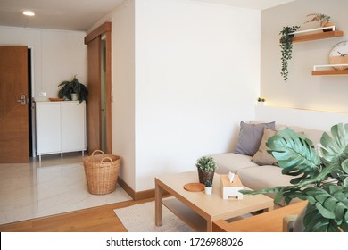 Small Condominium Interior Design Minimal japan design white and wood bedroom and sofa area