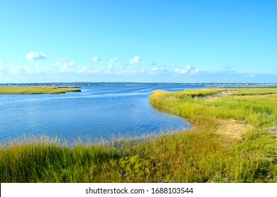  A Small Cove Off Of Moriches Bay Is Protected By The Embrace Of The Salt Marsh.  Westhampton Beach, Long Island, NY. Copy Space.