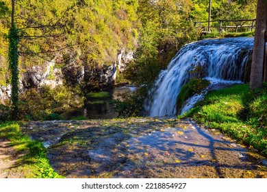 The Small Croatian Town Of Slunj. The Forest Surround The River. Cascade Of Waterfalls On The Korana River. The Concept Of Ecological, Active And Photo Tourism