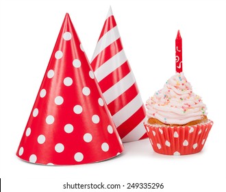 Small Cupcake With Candle And Red Party Hat