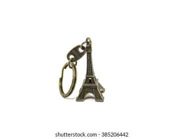 Small Cute Eiffel Tower Key Chain On White Isolate Background