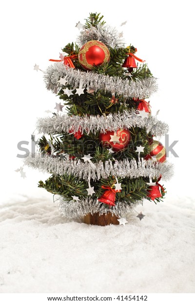 Small Decorated Christmas Tree Artificial Snow Stock Photo Edit