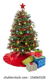 Small Decorated Real Christmas Tree With Presents Isolated On A White Background