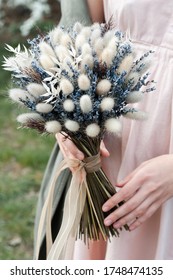 A Small Delicate Wedding Boquet Of Dried Flowers (lavender, Lagurus, White Ruscus) With Ribbons In The Woman's Hands